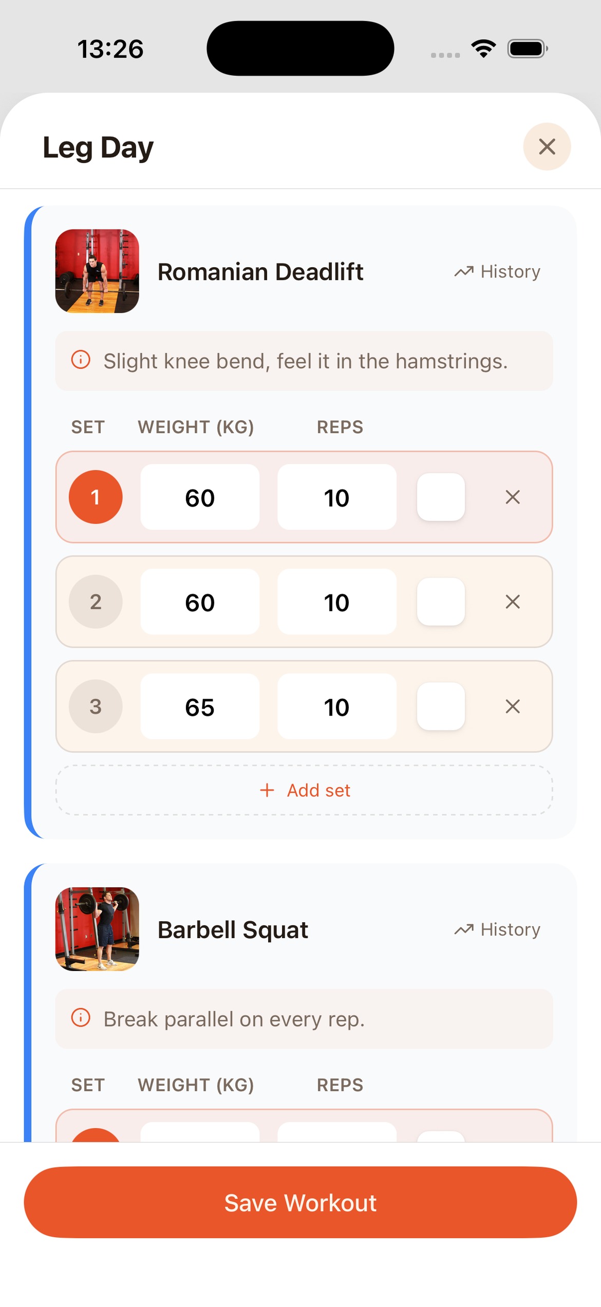 A strength routine open in the Verve app, with weight and reps logged for each set