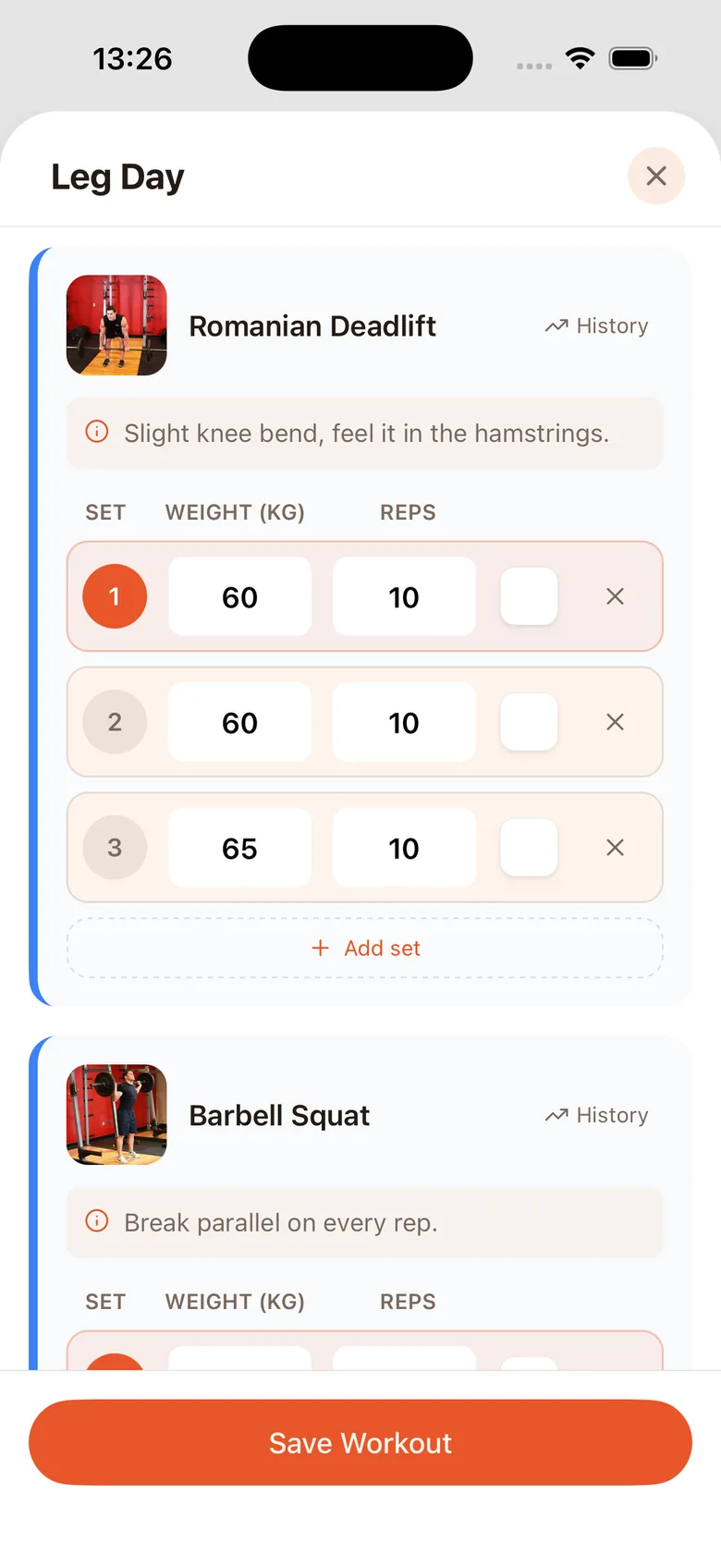 A strength session open in the Verve client app, with weight and reps logged for each set