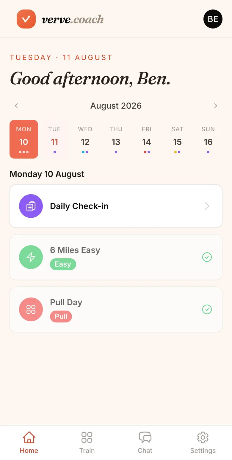 The Verve client app showing today's session and the training calendar